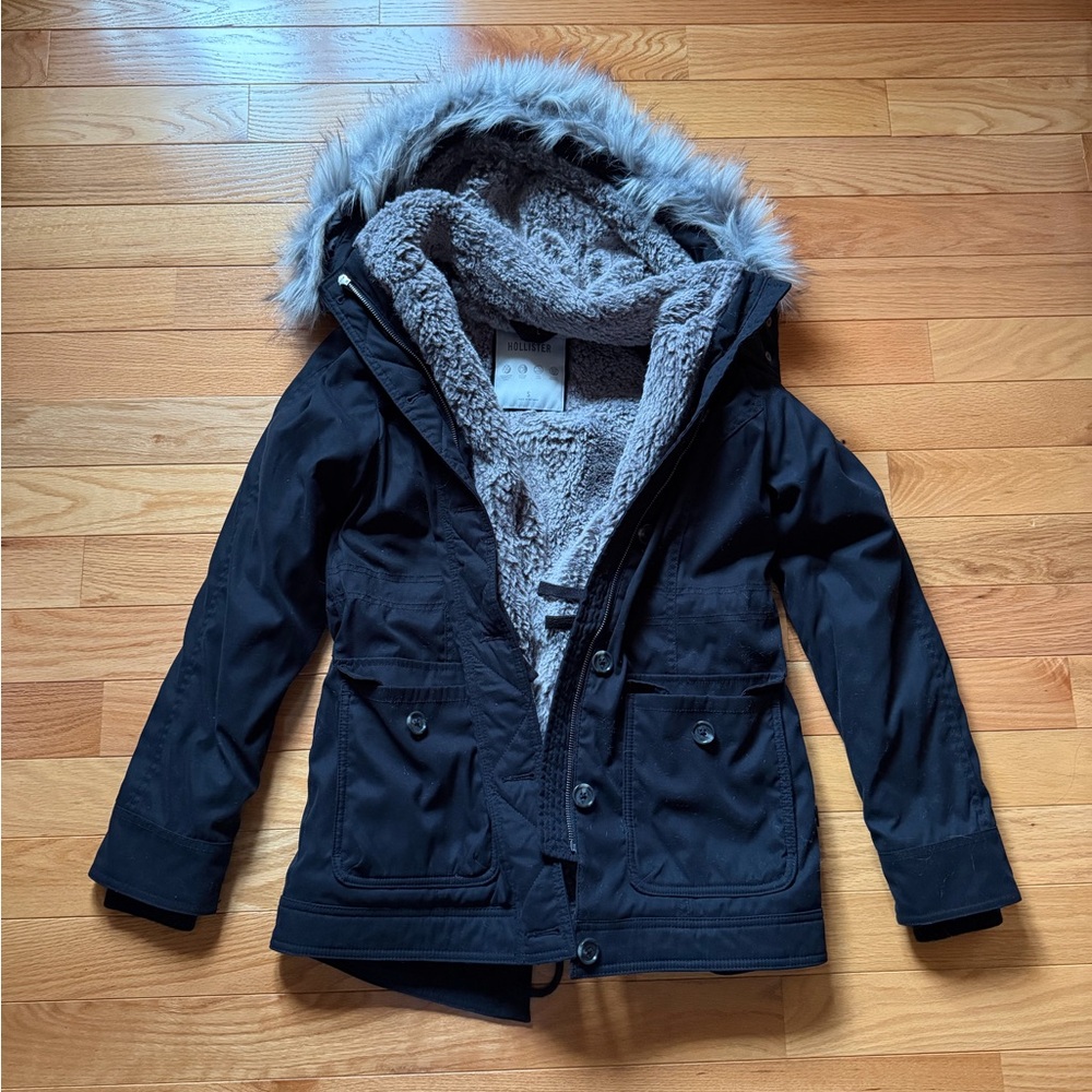 Hollister Gray Faux Fur Jacket, Size Small